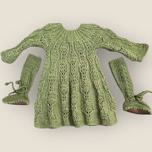 Miou Kids Baby Alpaca Wisteria Dress & Booties in Sage Green Hand Knit 0-6m sz S